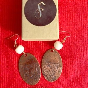 Hand crafted etched floral scenery copper earrings